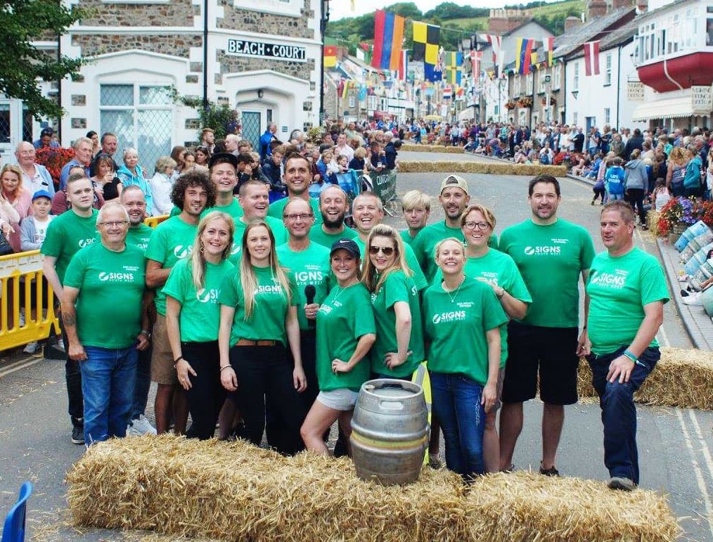 Beer Regatta bunting and crowds on Fore Street